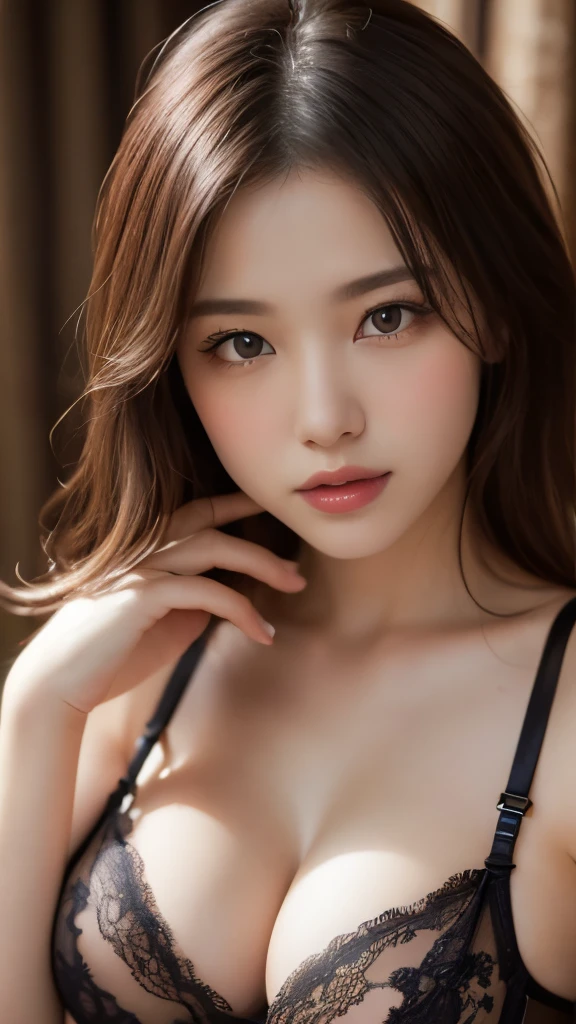 8k,Highest quality,(masterpiece:1.2),(Realistic),(Realistic:1.37),Ultra-high resolution,One Young Woman,smile,((Big Breasts)),Beautiful Eyes,(((lingerie))),Perfect body,Perfect Fingers,Professional Lighting,gravure,Detailed face and skin texture,fine grain,RAW Photos