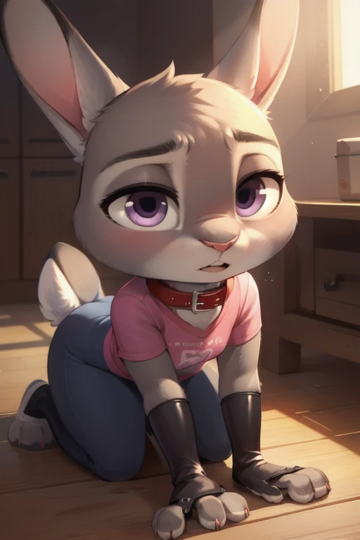 (uploaded on e621,8k, raw photo,High resolution,high quality), ((masterpiece)), female, ((thin judy hopps)), (wear a cute shirt), crawling, They are over, pink collar, (cola) (cinematic lighting), backlighting, ashamed, humiliated, (shading), decolaed background, by dagasi, (by personals), beautiful purple eyes, thick leather gloves, leather cuffs,