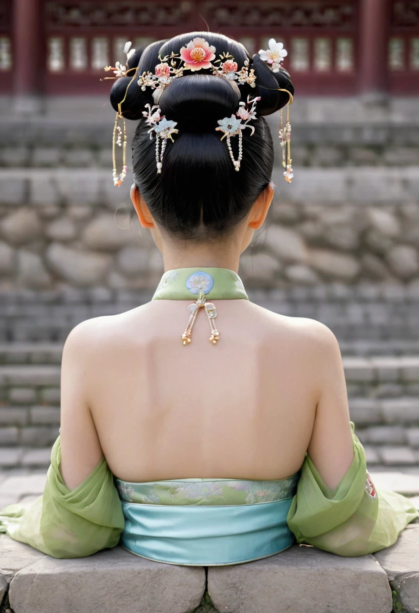 The image of a Qing Dynasty Empress with her bare buttocks visible. The background is the stone paving outside a Chinese palace during the Qing Dynasty. Only her large buttocks are sticking out. She is either wearing underwear or not. Her protruding buttocks are floating up in the air.
Her hair is decorated with a large flower ornament and a large crown.
The back of the hair is tied up and up. Erotic Woman