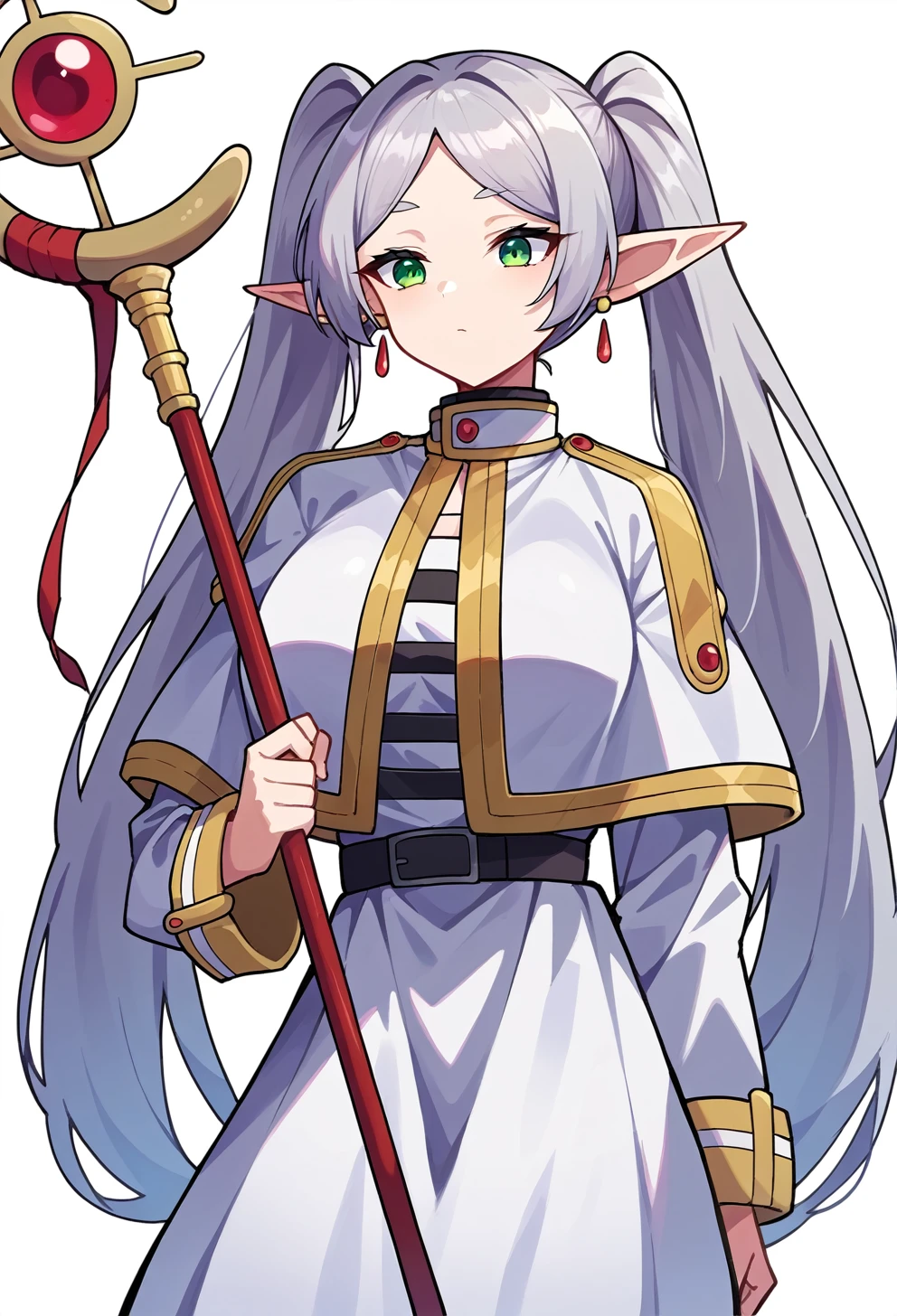 score_9, score_8_superior, score_7_superior, score_6_superior, BREAK Source Anime, Nereil, Freezing, One girl, alone, Pointed Ears, Green Eyes, Twin tails, staff, Very long hair, Earrings, Holding, jewelry, White Background, Capelet, Fairy, View your viewers, dress, Simple Background, white Capelet, Long sleeve, white dress, Mouth closed, Parted bangs, Gray Hair, superiorper body、Huge breasts