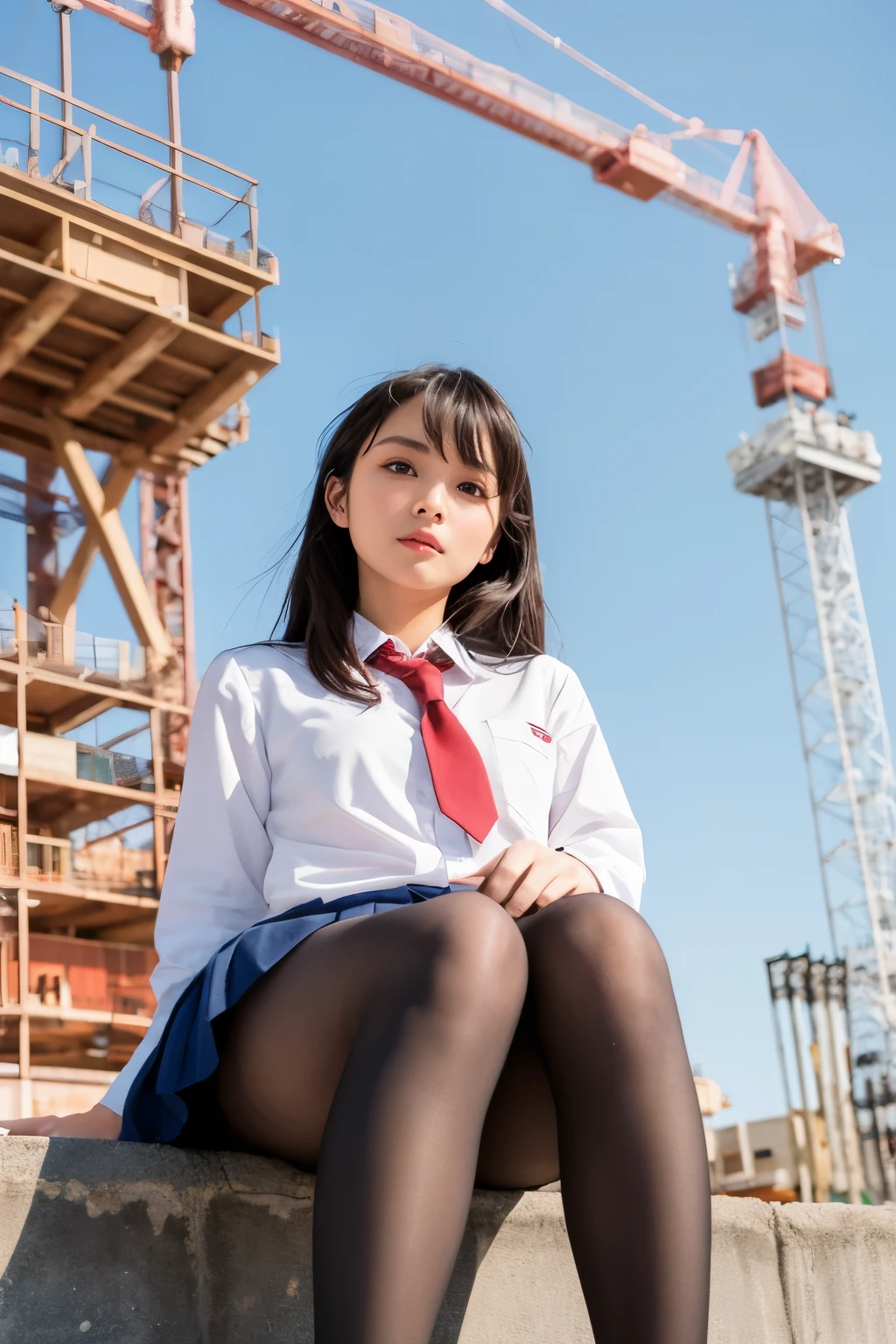 masterpiece, Bokeh, (Beautiful Face), (Detailed face), (Perfect hands), (Japanese Idols:1.6), (school uniform:1.3), (Ultra-realistic pantyhose:1.3), (Sit at the top of the tower:1.3),( Large bridge construction site:1.3), (Blushed:1.3), Working boots, (From below:1.5), Beautiful mature woman、