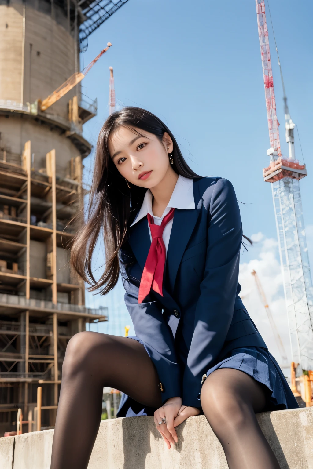 masterpiece, Bokeh, (Beautiful Face), (Detailed face), (Perfect hands), (Japanese Idols:1.6), (school uniform:1.3), (Ultra-realistic pantyhose:1.3), (Sit at the top of the tower:1.3),( Large bridge construction site:1.3), (Blushed:1.3), Working boots, (From below:1.5), Beautiful mature woman、