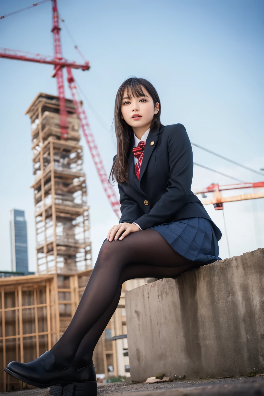 masterpiece, Bokeh, (Beautiful Face), (Detailed face), (Perfect hands), (Japanese Idols:1.6), (school uniform:1.3), (Ultra-realistic pantyhose:1.3), (Sit at the top of the tower:1.3),( Large bridge construction site:1.3), (Blushed:1.3), Working boots, (From below:1.5), Beautiful mature woman、