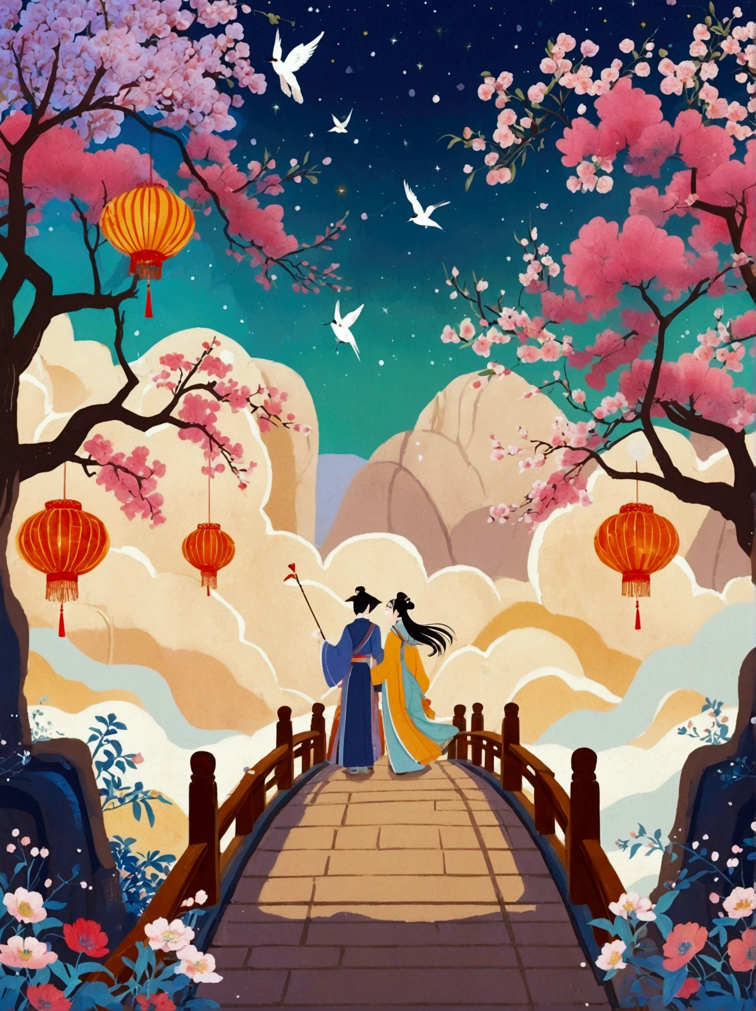 (Low Angle Shot:1.8), (((projected inset, dutch angle, vanishing point, from below))), (8k,Bright colors,Bright,Ultra high saturation,rgb, Colorful), Chinese style,(Love Poster:1.5),(Flat poster design),There are two people on the poster,Cowherd and Weaver Girl standing on an elegant bridge,The background is dreamy pink and purple,White magpies circling around them in the night sky,Surrounded by stars,Create a dreamy atmosphere,It is created in the style of Hayao Miyazaki's anime,In the foreground,There are some flowers in front,High Definition,High Detail,Dunhuang mural style,Dunhuang bright colors,Dunhuang Elements,Flat illustration