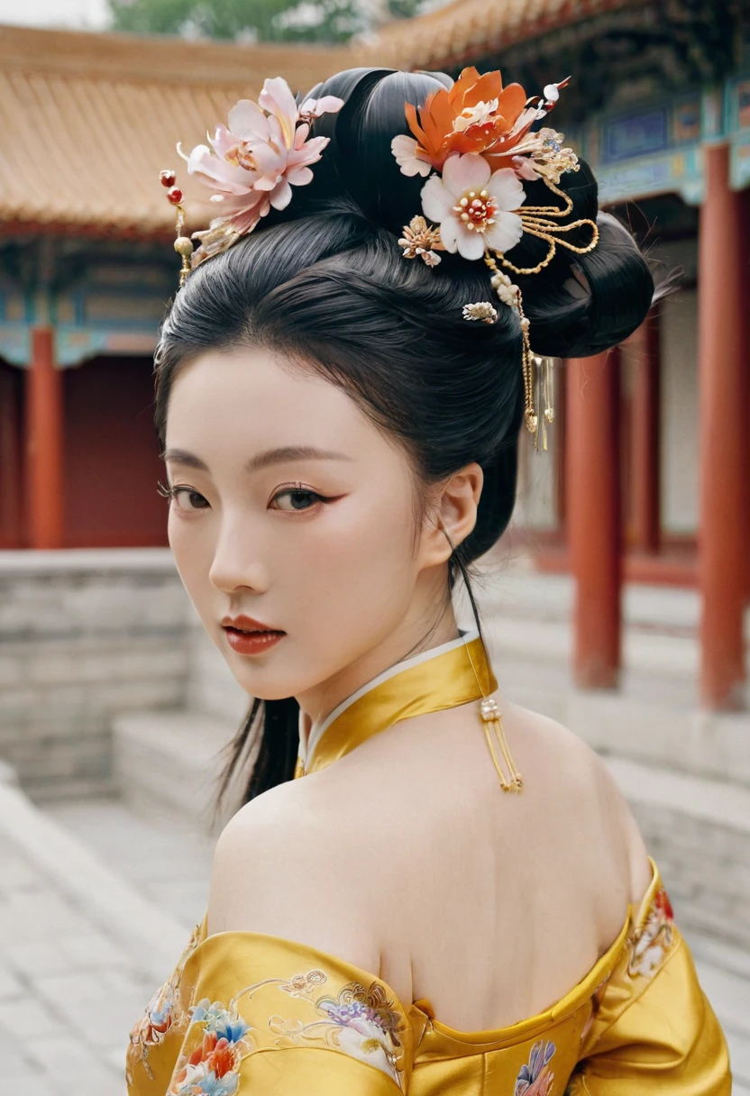 The image of a Qing Dynasty Empress with her bare buttocks visible. The background is the stone paving outside a Chinese palace during the Qing Dynasty. Only her large buttocks are sticking out. She is either wearing underwear or not. Her protruding buttocks are floating up in the air.
Her hair is decorated with a large flower ornament and a large crown.
The back of the hair is tied up and up. Erotic Woman