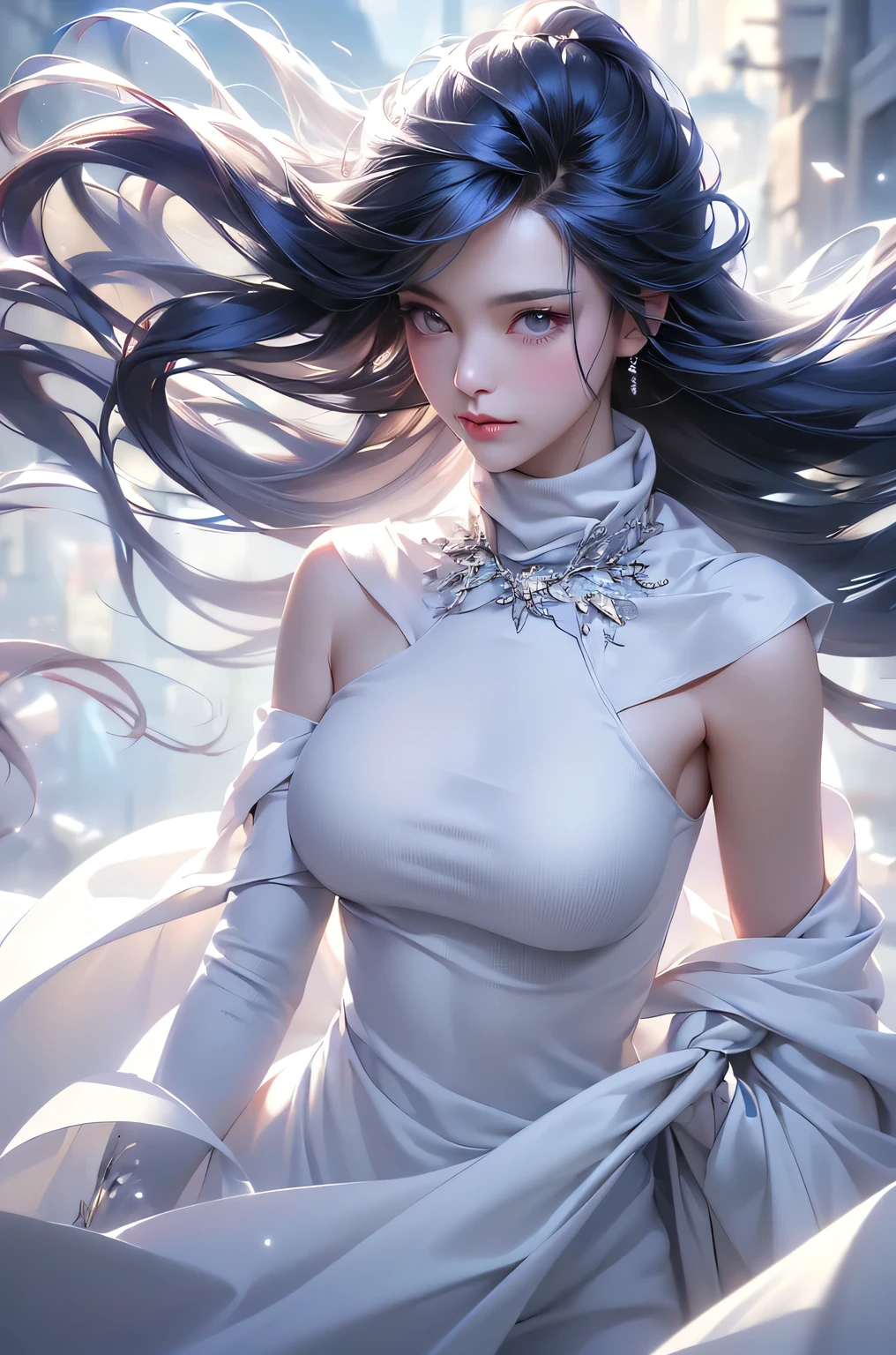 (Above the knees image)((masterpiece:1.5、8k、Portraiture、Photorealistic and very detailed CG、Very detailed、Particle Effects、Dynamic Effects、Written boundary depth、Cinematic Light、Lens flare、Ray Tracing、Tabletop、Realistic:1.4、Ultra-high resolution:1.2、Realistic、Realistic))((alone、Turtleneck dress,No sleeve、Woman in white fur coat:1.4、Exposed sideways breast doll-like pose、Detailed face、brightexpression、young, bright, Whiter skin、large breasts:1.4、Best Looks、Ultimate beauty、Grey hair with shiny highlights:1.8、bright and shiny hair,、Arranged Hair、Hair dancing in the wind))(morning、In the background is a snowy hill overlooking the ruins...)