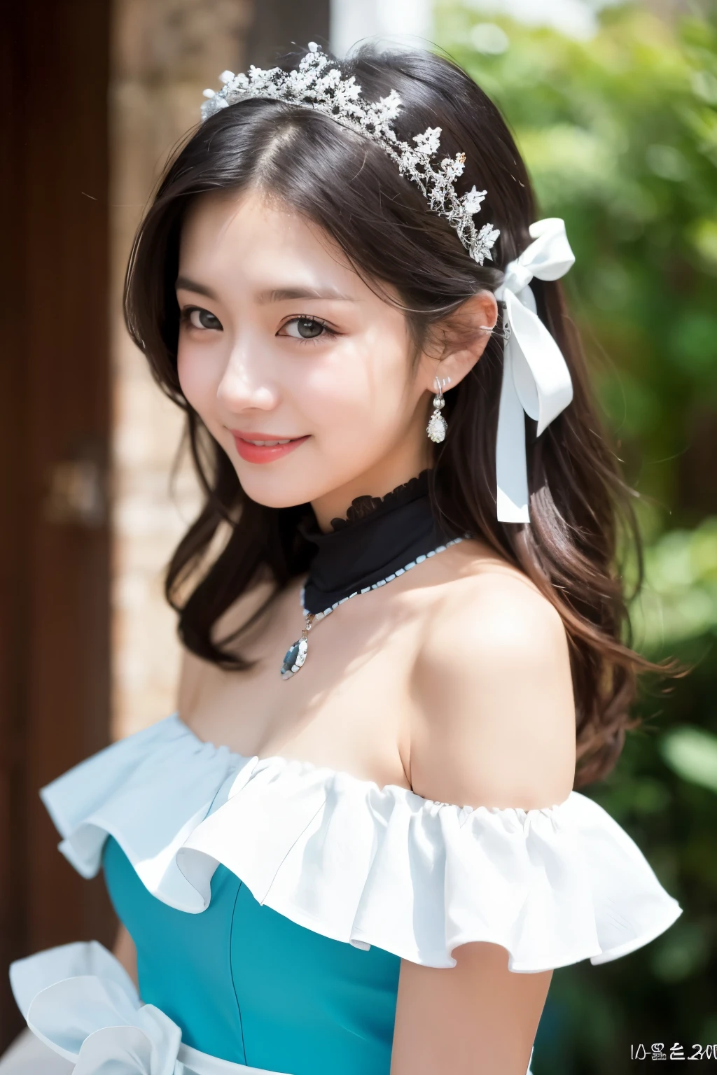 Korean,Realistic, masterpiece, Final details, photo Realistic, Intricate details, Octane Rendering, 8k, One girl, Perfect face, Beautiful Face, nswf Japanese, Trough Reference, Hair Details,, black bow, black gloves, Black Legs, blue eyes, Blue Hair, bow, clavicle, dress, Drill Hair, Frills, Frills, gloves, Gwen, headdress, High resolution, Long Hair, Lips parted, Puff sleeves, Purple eyes, smile, alone, white dress, Oilskin,