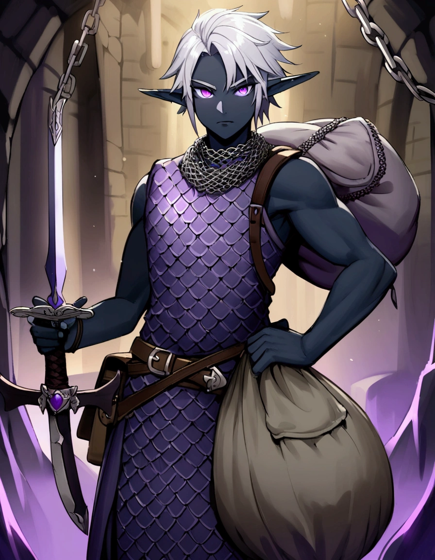 (Drow Elf Male)(Night black skin, violet tinged night spun chain mail, adventuring sacks and pouches, violet eyes, silver hair, magical bag on hip, one handed crossbow, sword in scabbard) look of contempt on his face, posing in a dungeon, viewer is not a worthy foe