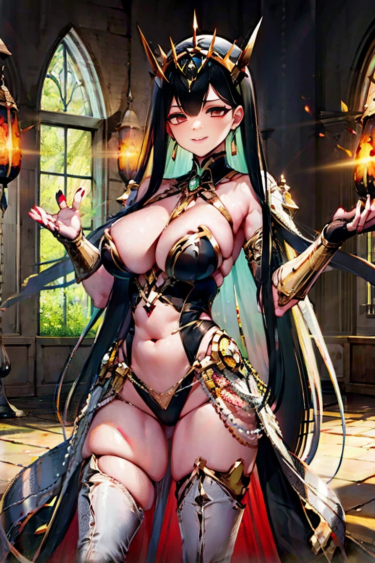 black hair, bare shoulder, red eyes, very long hair, cleavage, large breasts, dress, showgirl skirt, high-leg, cleavage cutout, tiara, bare thighs, gauntlets, bare shoulder, perfect hands, perfect fingers,