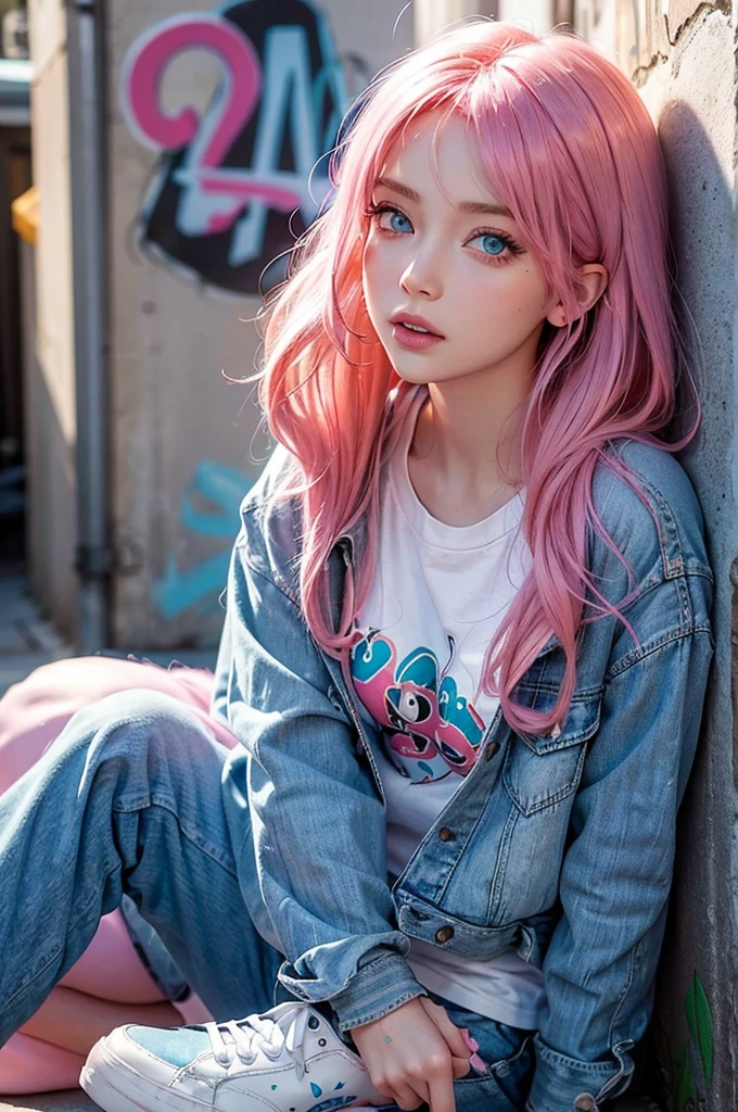 A beautiful young woman with vibrant pink hair and striking blue eyes, 1girl, highly detailed face, beautiful detailed eyes, beautiful detailed lips, extremely detailed eyes and face, long eyelashes, cute style, Disney Pixar character, Anna, pink hair, blue eyes, wearing a casual yet stylish outfit: a graphic t-shirt, distressed denim jacket, jogger pants, and white sneakers with some beats by Dre headsets, whimsical, colorful, soft lighting, cinematic, photorealistic, 8K, highest quality, seated leaning against a graffiti-covered wall in an alleyway vibing to some music.