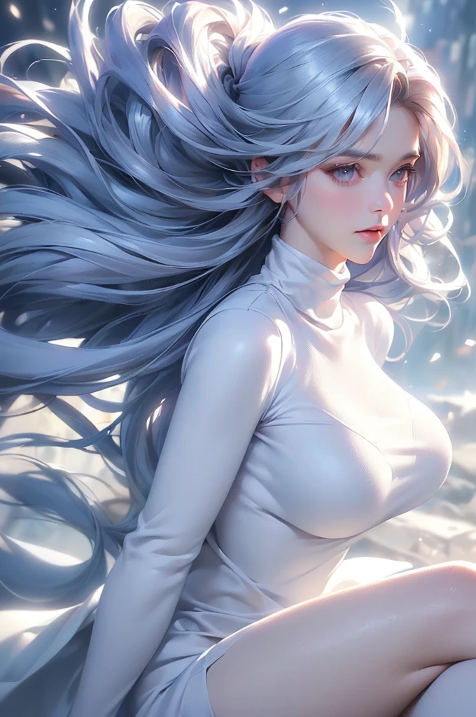 (Above the knees image)((masterpiece:1.5、8k、Portraiture、フォトリアリスティックでVery detailedなCG、Very detailed、Particle Effects、Dynamic Effects、Written boundary depth、Cinematic Light、Lens flare、Ray Tracing、Tabletop、Realistic:1.4、Ultra-high resolution:1.2、Realistic、Realistic))((alone、Turtleneck dress,No sleeve、Woman in white fur coat:1.4、Exposed sideways breast doll-like pose、Detailed face、bright表情、young, bright, Whiter skin、large breasts:1.4、Best Looks、Ultimate beauty、Grey hair with shiny highlights:1.8、bright and shiny hair,、Arranged Hair、Hair dancing in the wind))(morning、In the background is a snowy hill overlooking the ruins...)

