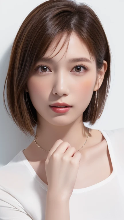 (Highest quality、8k、32K、masterpiece)、(Realistic)、(Realistic:1.2)、(High resolution)、Very detailed、Very beautiful face and eyes、1 girl、Round and small face、Tight waist、Delicate body、(close、Highest quality、Attention to detail、Rich skin detail)、(Highest quality、8k、Oil paints:1.2)、Very detailed、(Realistic、Realistic:1.37)、Bright colors、(((blush)))、(((My hair is brown)))、(((Bust Shot)))、((short hair、ponytail))、(((Pure white wall background)))、(((She is wearing a white T-shirt)))、(((Pure white wall background)))、(((It is a short-sleeved T-shirt)))、(((I put my hands on my head)))、(((Black underwear is visible above the collarbone)))