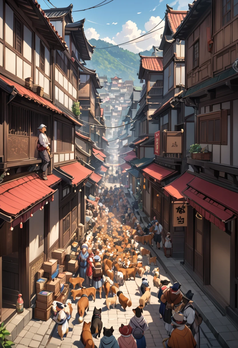 Streets filled with packs of dogs、The townspeople are depicted in a state of confusion.