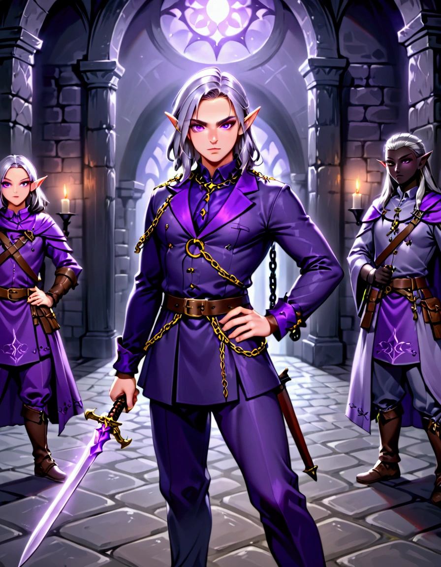 (Drow Elf Male)(Night black skin, violet tinged night spun chain mail, adventuring sacks and pouches, violet eyes, silver hair, magical bag on hip, one handed crossbow, sword in scabbard) look of contempt on his face, posing in a dungeon, viewer is not a worthy foe
