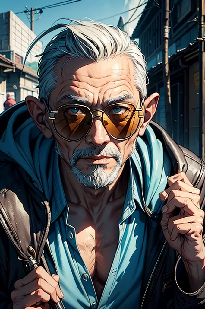 Close-up of a man wearing sunglasses, หน้าตาแบบ Joel Hicks, Epic Fantasy D & Good Hobbit Rogue, After the world ends explorer, Nicodemus, middle aged man, Old Cyberpunk Man, After the world ends, To D & letter D, john, wizard, wise, No hats.