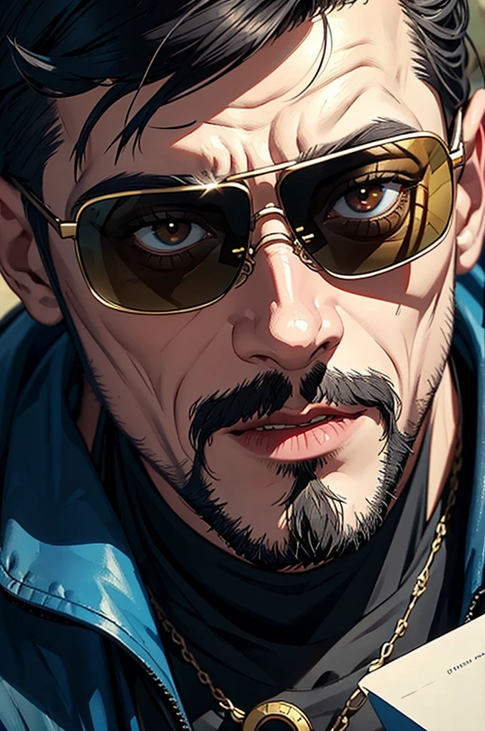 Close-up of a man wearing sunglasses, หน้าตาแบบ Joel Hicks, Epic Fantasy D & Good Hobbit Rogue, After the world ends explorer, Nicodemus, middle aged man, Old Cyberpunk Man, After the world ends, To D & letter D, john, wizard, wise, No hats.
