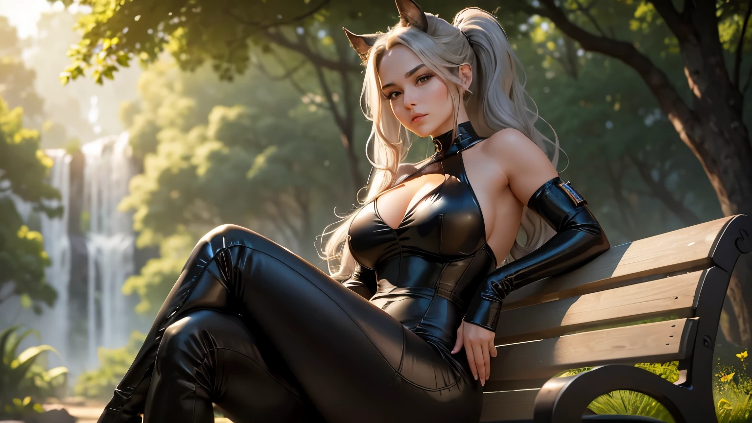 
Create a detailed and highly realistic scene depicting a Horse Girl Goddess named Clarissa, appearing around 40 years old. She has long wavy gray hair styled into a ponytail, a small horse nose, and two horse ears. She has horse-like features and a humanoid appearance, with a perfect face that includes a beauty mark and soft skin, featuring light black and dark shades. She has very large breasts and a large butt, wearing an extremely tight black jumpsuit with a deep neckline and revealed shoulders, exuding confidence and allure. Clarissa is sitting on a bench in a park, exuding a serene yet captivating presence. Her posture is relaxed, with one leg crossed over the other, and she has a provocative and playful expression on her face. The background should be lush and green, with the morning sun casting a warm glow, enhancing her serene yet powerful aura. The entire scene should be in an oil painting style, with an 8k resolution to capture the essence of a masterpiece.