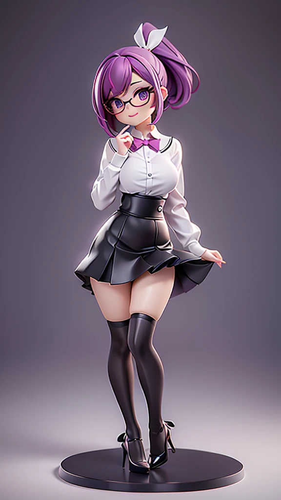 best quality, high quality high detail, detailed face, older female, mature, photorealistic, massive hips, long legs, round thighs, bob hair, high ponytail, purple red hair, bow hair, aqua eyes, glasses, teacher, big lips, small smile, eyeliner, long eyelashes, slim waist, small waist, narrow waist, thin, skinny, thin waist, skinny waist, big breasts, straining white shirt, black tight skirt, high heeled shoes, hair ribbon, hair flower, hair_ribbon, hair_flower, tall, slim, opaque tights