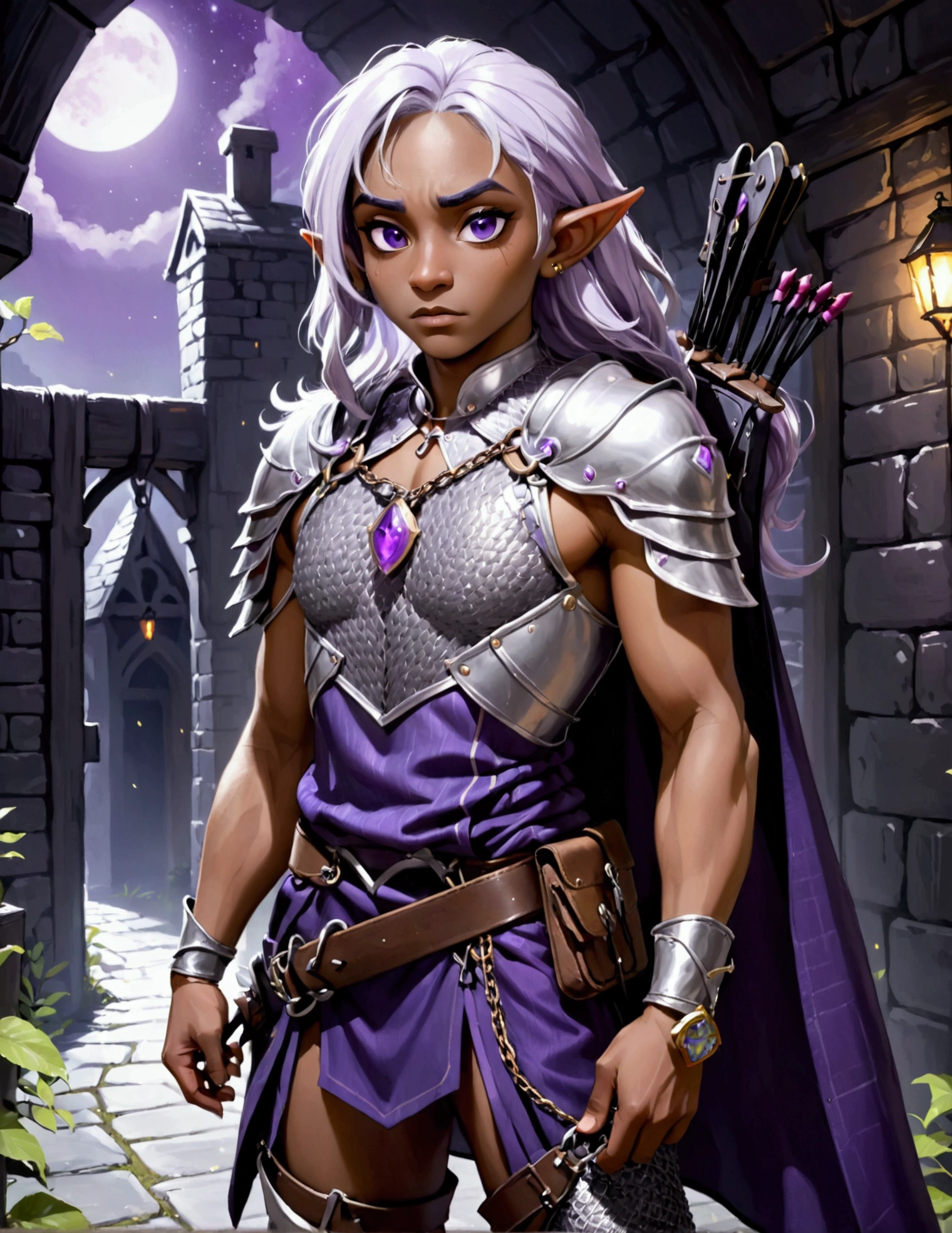 (Drow Elf Male)(Night black skin, violet tinged night spun chain mail, adventuring sacks and pouches, violet eyes, silver hair, magical bag on hip, one handed crossbow, sword in scabbard) look of contempt on his face, posing in a dungeon, viewer is not a worthy foe