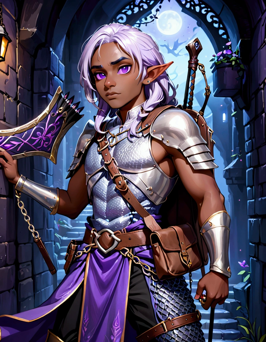(Drow Elf Male)(Night black skin, violet tinged night spun chain mail, adventuring sacks and pouches, violet eyes, silver hair, magical bag on hip, one handed crossbow, sword in scabbard) look of contempt on his face, posing in a dungeon, viewer is not a worthy foe