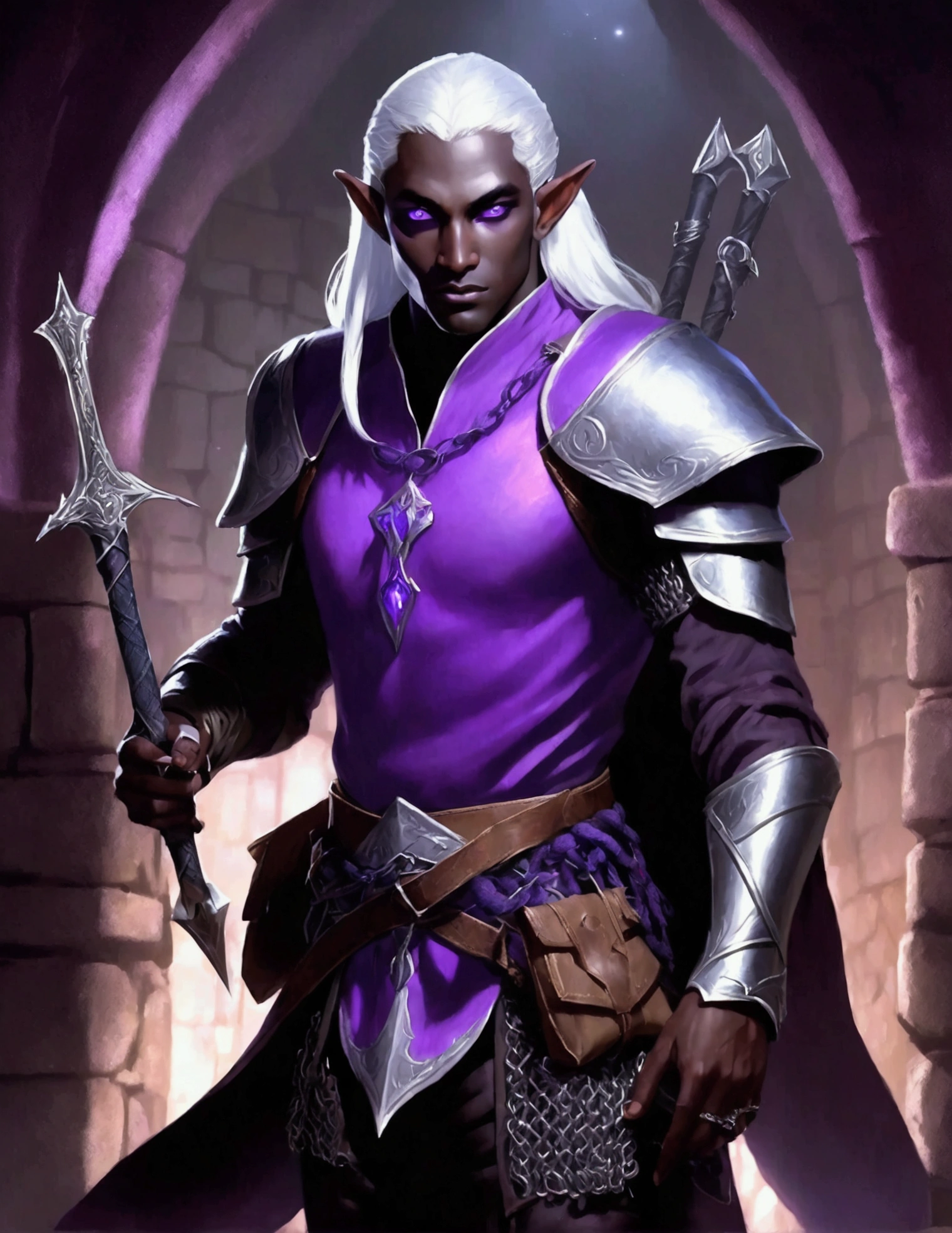 (Drow Elf Male)(Night black skin, violet tinged night spun chain mail, adventuring sacks and pouches, violet eyes, silver hair, magical bag on hip, one handed crossbow, sword in scabbard) look of contempt on his face, posing in a dungeon, viewer is not a worthy foe