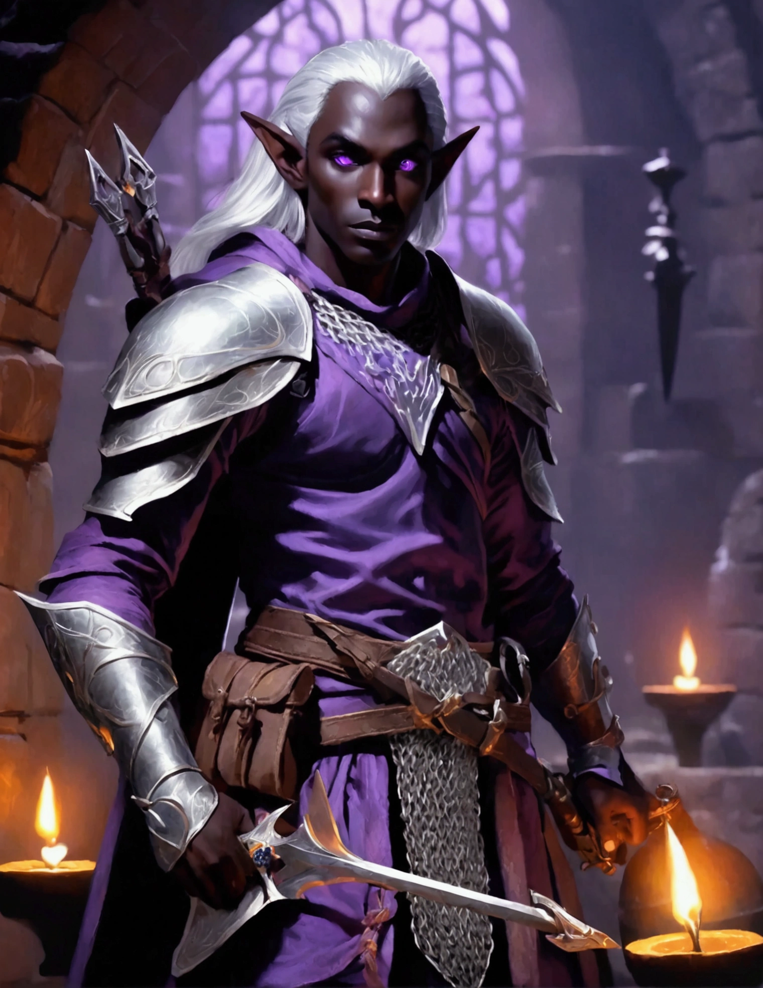 (Drow Elf Male)(Night black skin, violet tinged night spun chain mail, adventuring sacks and pouches, violet eyes, silver hair, magical bag on hip, one handed crossbow, sword in scabbard) look of contempt on his face, posing in a dungeon, viewer is not a worthy foe