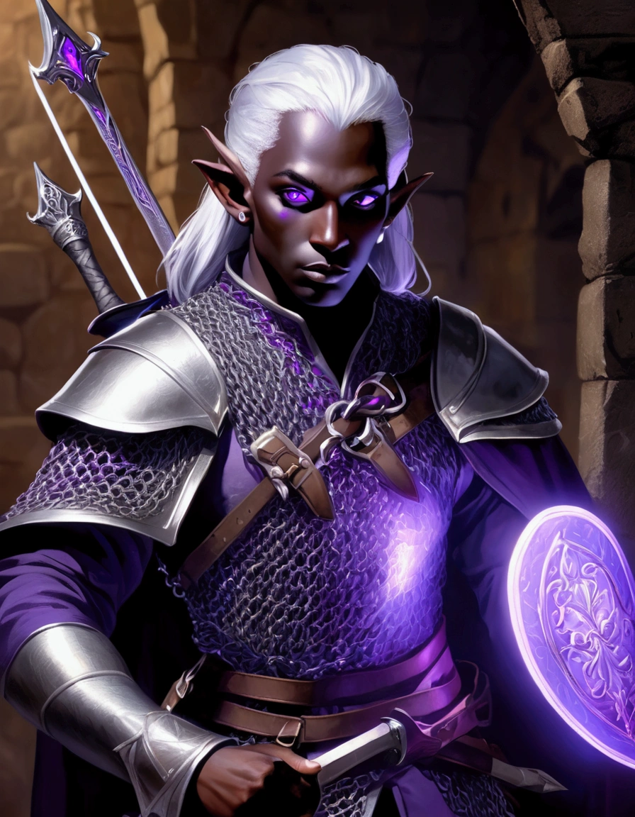 (Drow Elf Male)(Night black skin, violet tinged night spun chain mail, adventuring sacks and pouches, violet eyes, silver hair, magical bag on hip, one handed crossbow, sword in scabbard) look of contempt on his face, posing in a dungeon, viewer is not a worthy foe