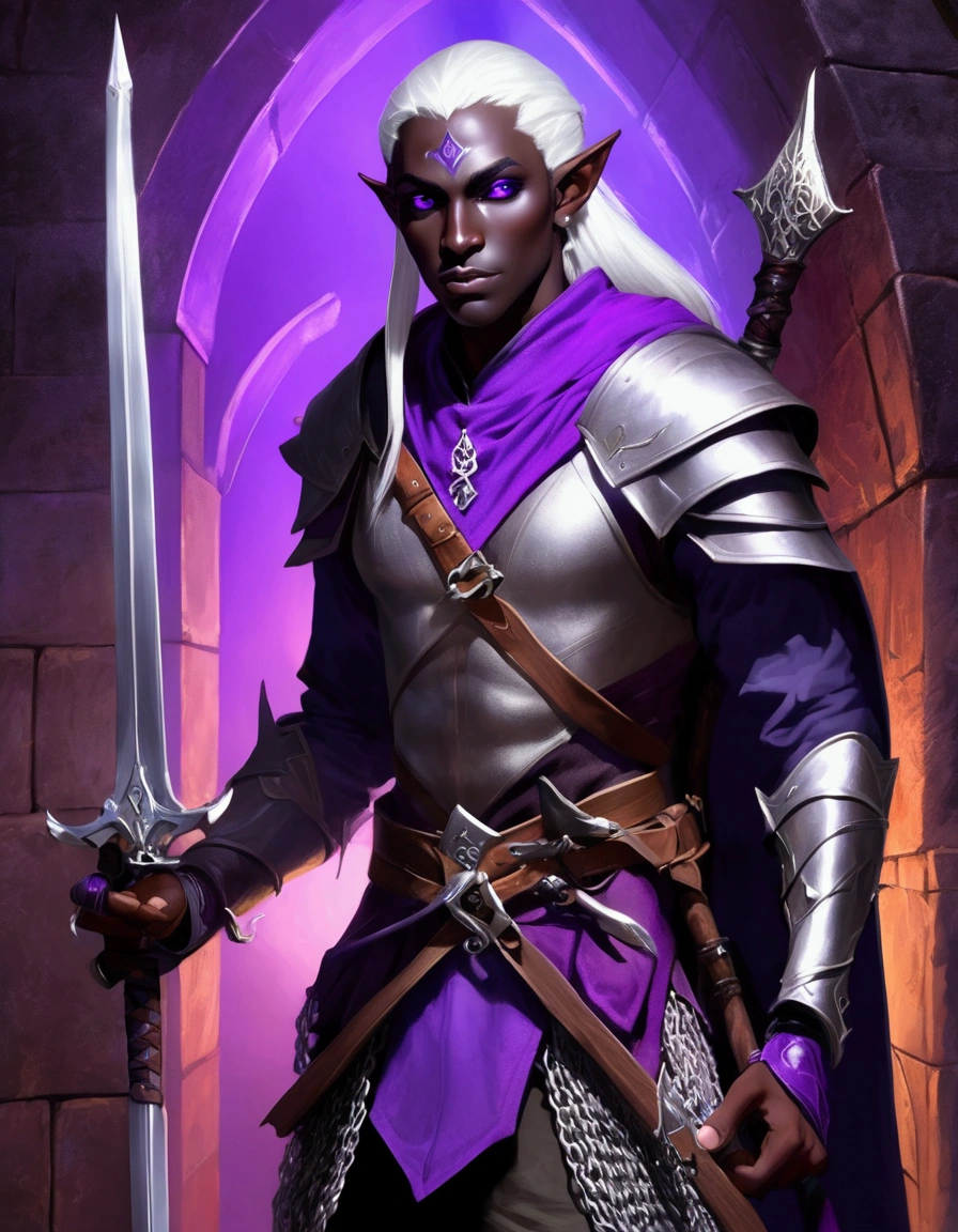 (Drow Elf Male)(Night black skin, violet tinged night spun chain mail, adventuring sacks and pouches, violet eyes, silver hair, magical bag on hip, one handed crossbow, sword in scabbard) look of contempt on his face, posing in a dungeon, viewer is not a worthy foe
