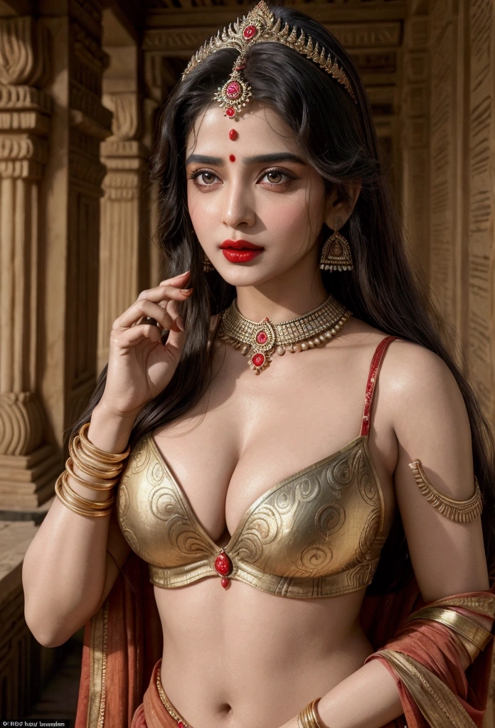 Photo of Draupadi from Mahabharata worshiping Lord Shiva, red lips, visible cleavage. Four hand,