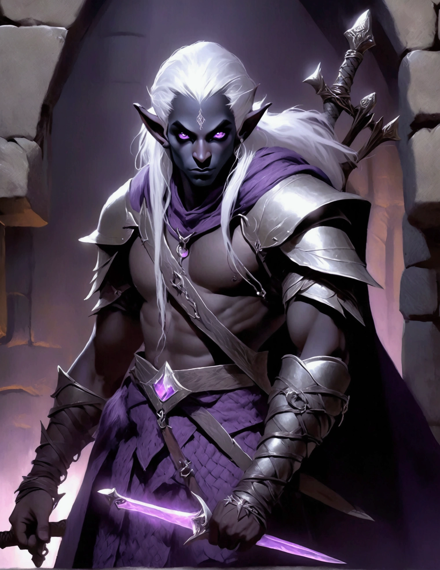 (Drow Elf Male)(Night black skin, violet tinged night spun chain mail, adventuring sacks and pouches, violet eyes, silver hair, magical bag on hip, one handed crossbow, sword in scabbard) look of contempt on his face, posing in a dungeon, viewer is not a worthy foe