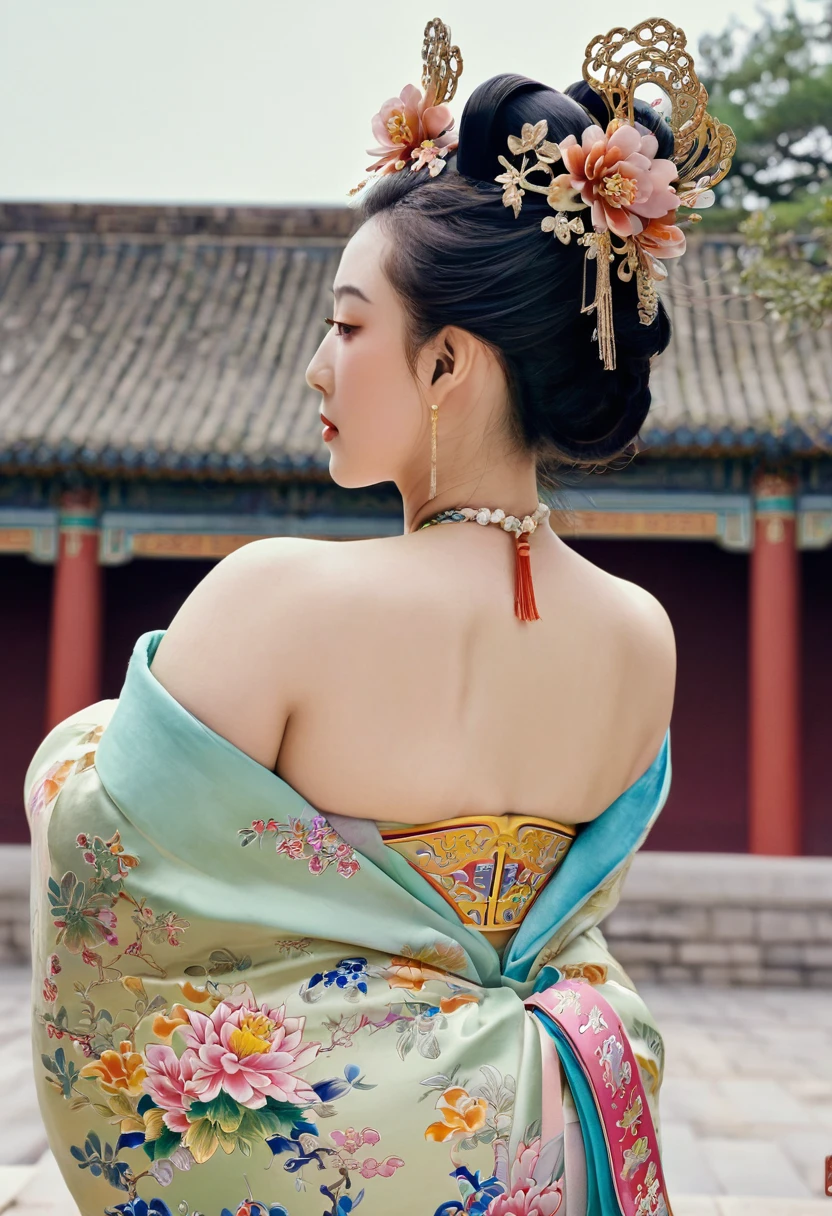 The image of a Qing Dynasty Empress with her bare buttocks visible. The background is the stone paving outside a Chinese palace during the Qing Dynasty. Only her large buttocks are sticking out. She is either wearing underwear or not. Her protruding buttocks are floating up in the air.
Her hair is decorated with a large flower ornament and a large crown.
The back of the hair is tied up and up. Erotic Woman