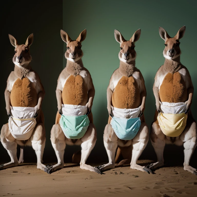 three kangaroos with face masks standing in a row, kangaroos, subject : kangaroo, subject: kangaroo, australian, kangaroo, spy kangaroo, in australia, by Dietmar Damerau, by Tadashi Nakayama, inspired by Peter Alexander Hay, australia, by Matija Jama, by Lee Loughridge, by Matthias Weischer, hugh kretschmer