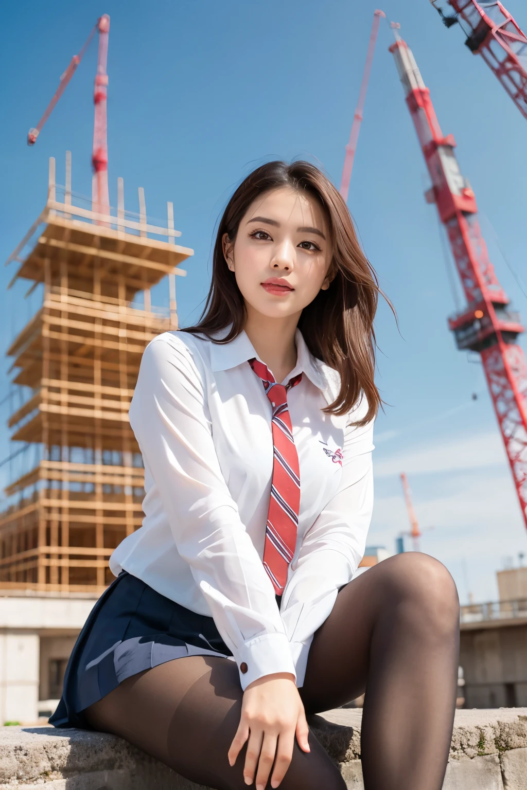 masterpiece, Bokeh, (Beautiful Face), (Detailed face), (Perfect hands), (Japanese Idols:1.6), (school uniform:1.3), (Ultra-realistic pantyhose:1.3), (Sit at the top of the tower:1.3),( Large bridge construction site:1.3), (Blushed:1.3), Working boots, (From below:1.5), Beautiful mature woman、