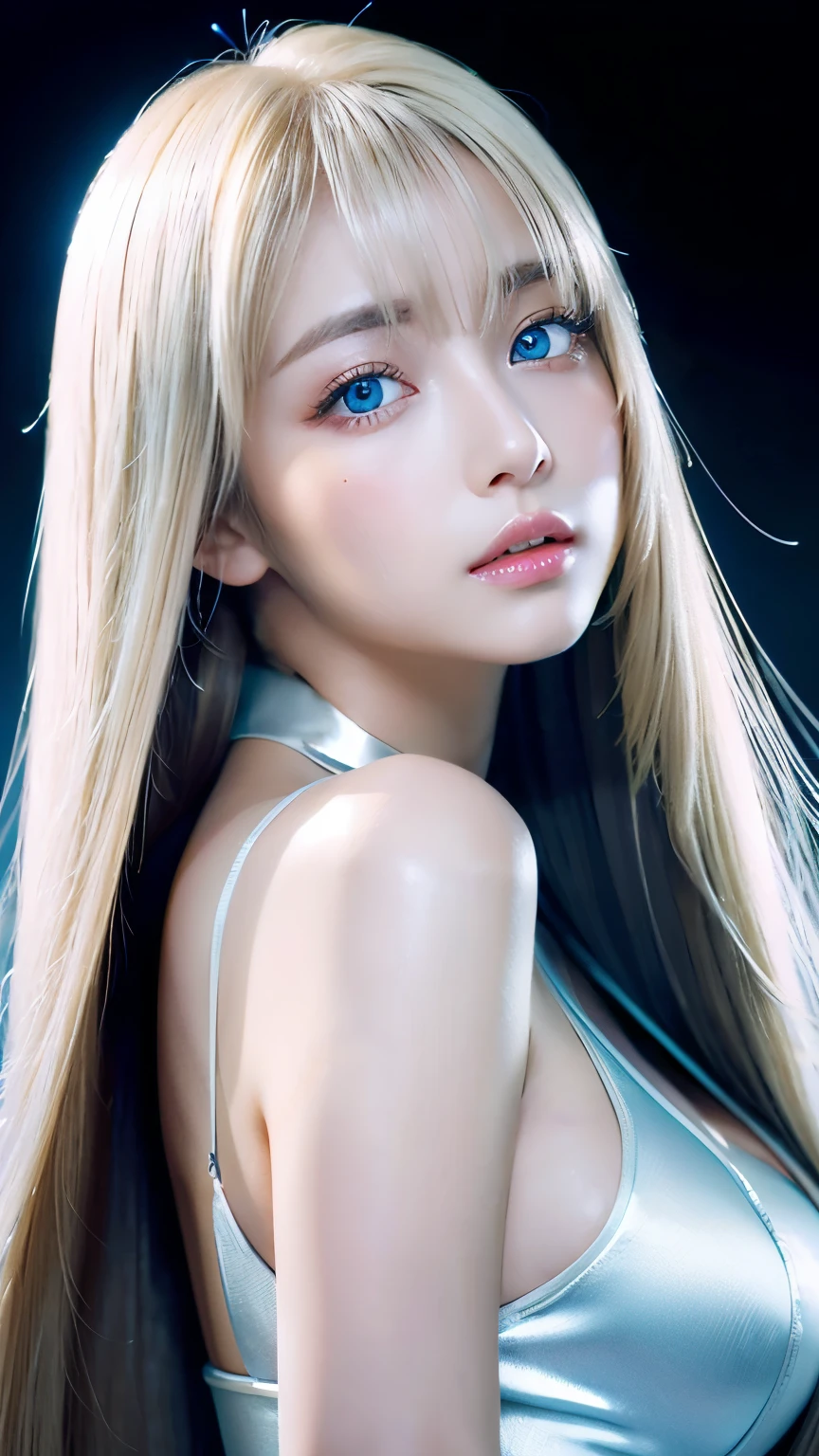 Unparalleled beauty, Glossy, firm and shiny skin, Bangs between the eyes, Beautiful shiny, straight platinum blonde, Super long straight silky hair, eyeliner, sexyで美しい無邪気な20歳, High resolution, Very bright and beautiful large glowing light blue eyes、Very big eyes、Beautiful and lovely girl, ((Huge ))、((erotic、sexy、超High resolution、The lighting is bright、Precise needles without discomfort))、