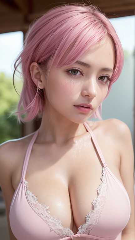 One girl, (Highest quality:1.4), (Very detailed), (Detailed light), (Very detailed美しい顔), Great face and eyes, Pink Hair, Pink Eyes, Beautiful sheer lace detailing, Beautiful breasts,, Very detailed CG 統合 8k 壁紙, High resolution raw color photos, Professional photography, Dynamic Lighting, (((Sweaty 1.5))), Depth of written boundary,