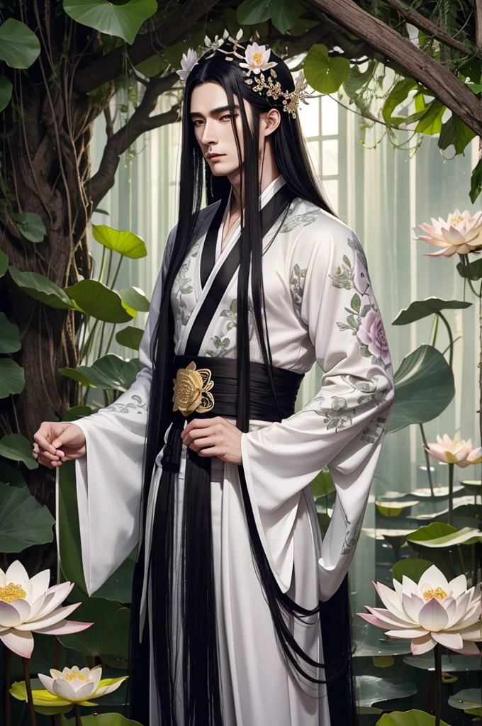 A plant god, male, beautiful, elegant, long silky black hair, tall, muscular, revealing loose hanfu, covered in flowers and vines, large lotus flower on head, manly, pale skin, delicate features, NSFW, realism
