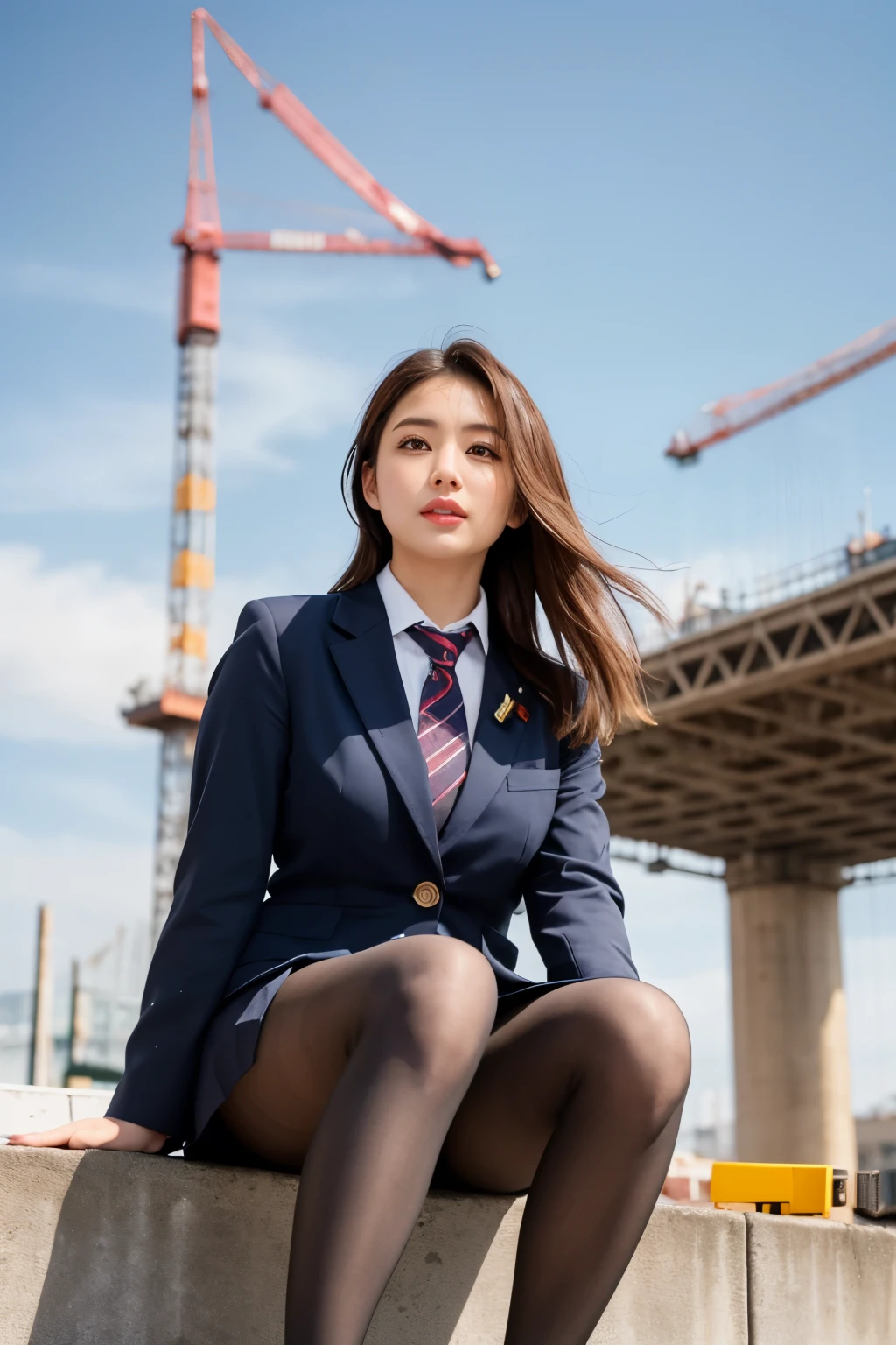 masterpiece, Bokeh, (Beautiful Face), (Detailed face), (Perfect hands), (Japanese Idols:1.6), (business suit:1.3), (Ultra-realistic pantyhose:1.3), (Sit at the top of the tower:1.3),( Balcony of a high-rise apartment building:1.3), (Blushed:1.3), Working boots, (From below:1.8), Beautiful mature woman、