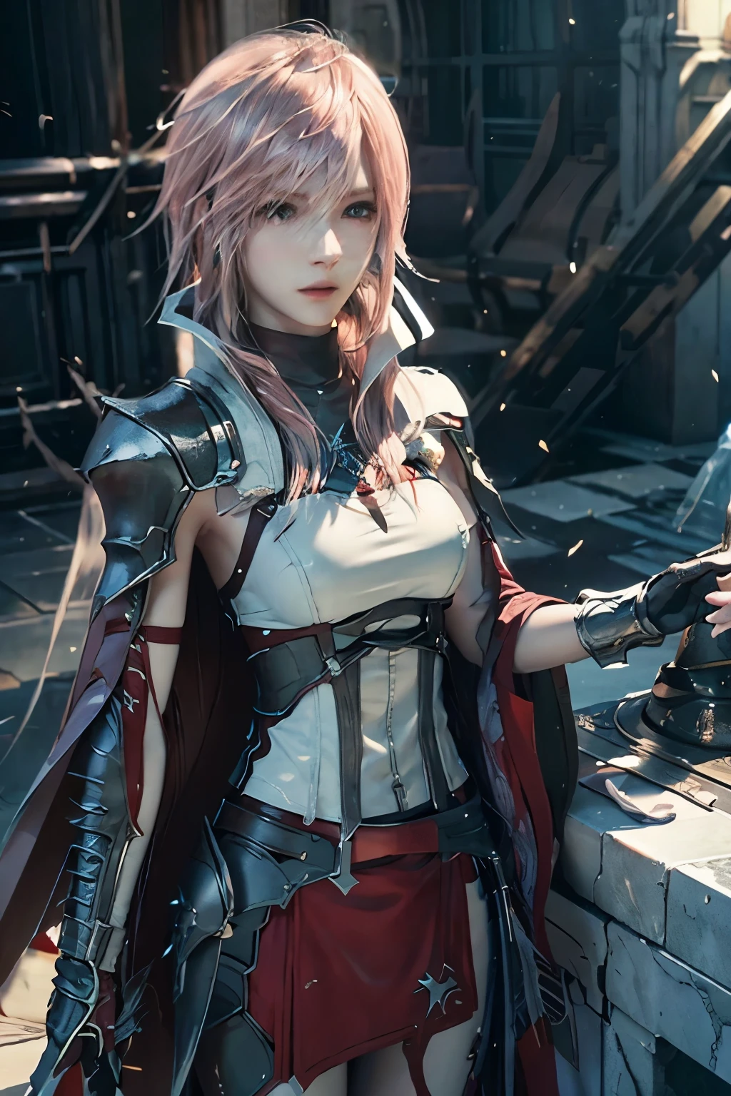 Highest quality, High resolution, Attention to detail, lightning, Final Fantasy XIII, View your viewers, close, White and cream armor, Red Cape, 