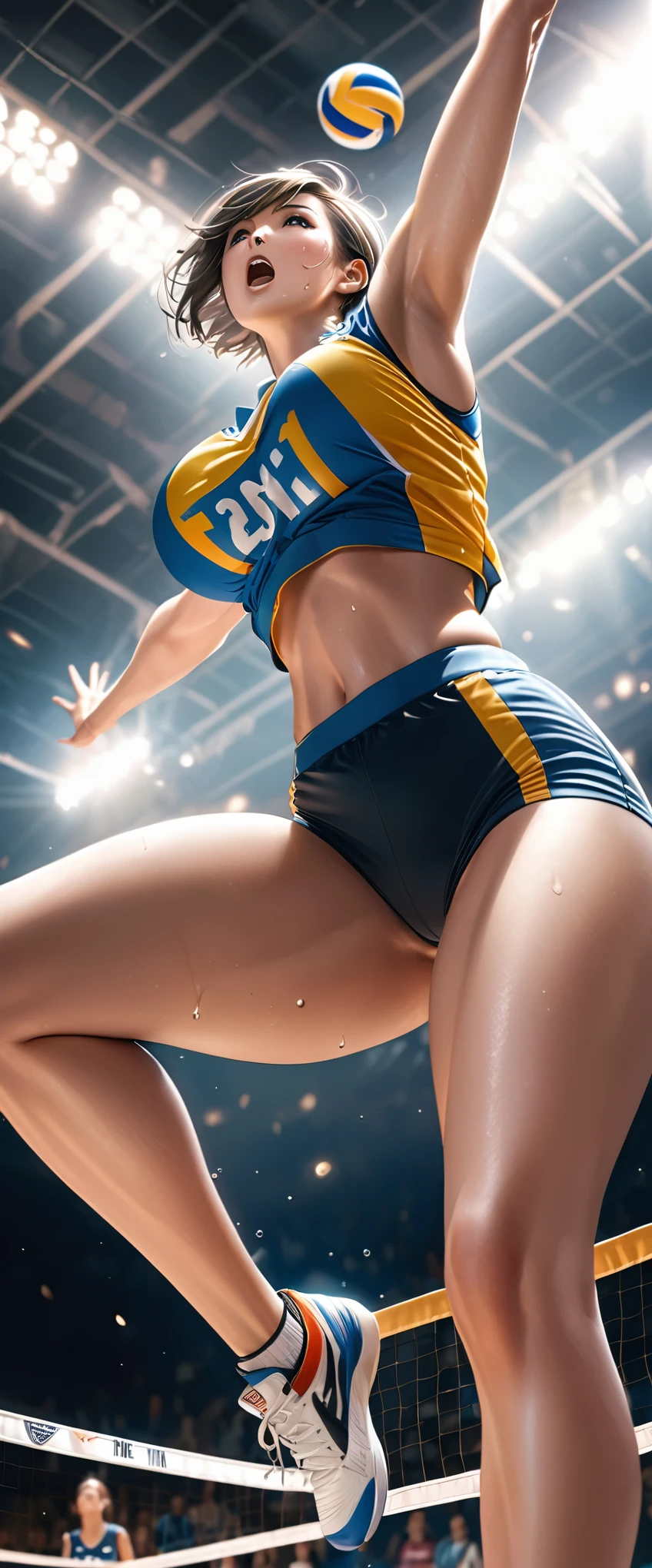 Highest quality, Realistic, photoRealistic, Award-winning photography, (Intricate details, volleyball: 1.2), (Subtle details), (Intricate details), (Cinematic Light, Super sexy short hair woman, volleyball選手, The moment you jump, huge bouncing chests, sexy long legs, dynamic sexy pose, volleyballのユニフォーム, Sweat flying, low angle shot, Looking up from directly below, Upper body close-up),