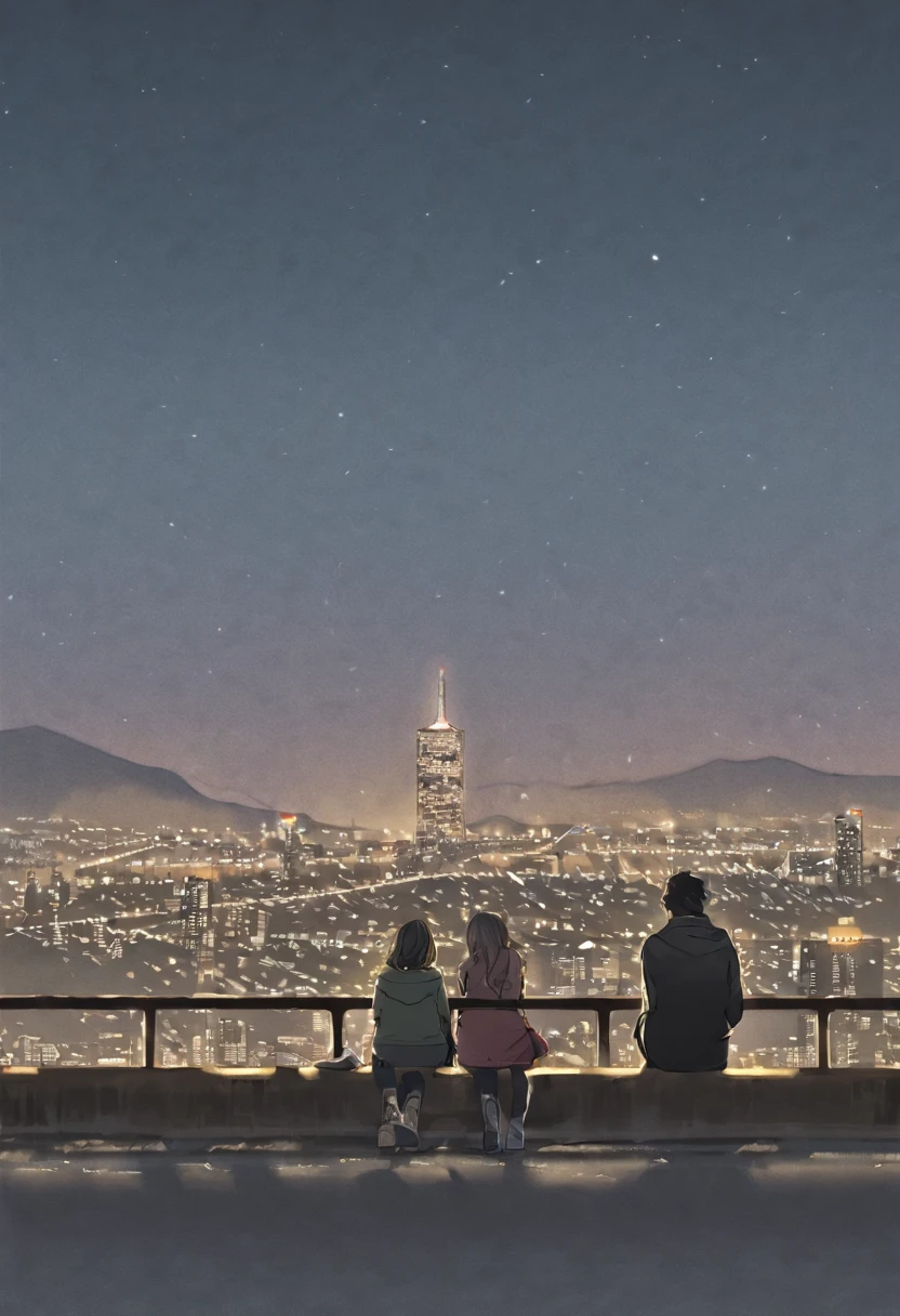 Flat Color, Accompanied by two people, Night City, wind, Slightly bright, waiting to sit，Back, The colors are very beautiful, 美丽的wind景