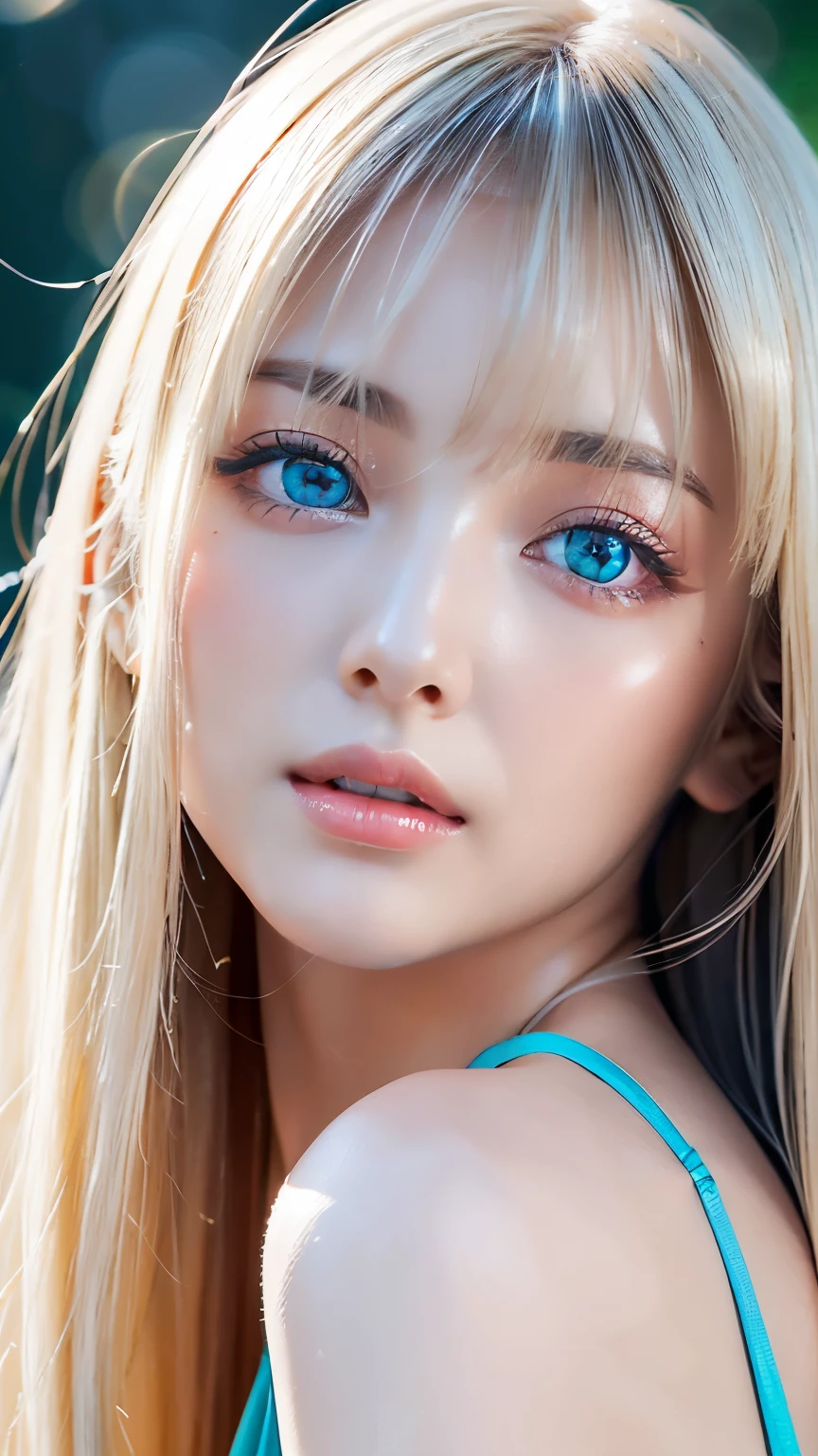 Unparalleled beauty, Glossy, firm and shiny skin, Bangs between the eyes, Beautiful shiny, straight platinum blonde, Super long straight silky hair, eyeliner, sexyで美しい無邪気な20歳, High resolution, Very bright and beautiful large glowing light blue eyes、Very big eyes、Beautiful and lovely girl, ((Huge ))、((erotic、sexy、超High resolution、The lighting is bright、Precise needles without discomfort))、