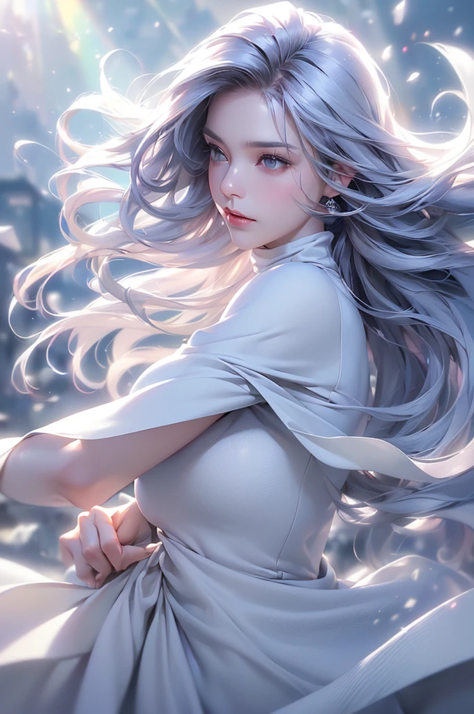 (Above the knees image)((masterpiece:1.5、8k、Portraiture、フォトリアリスティックでVery detailedなCG、Very detailed、Particle Effects、Dynamic Effects、Written boundary depth、Cinematic Light、Lens flare、Ray Tracing、Tabletop、Realistic:1.4、Ultra-high resolution:1.2、Realistic、Realistic))((alone、Turtleneck dress,No sleeve、Woman in white fur coat:1.4、Exposed sideways breast doll-like pose、Detailed face、bright表情、young, bright, Whiter skin、medium breasts:1.4、Best Looks、Ultimate beauty、Grey hair with shiny highlights:1.8、bright and shiny hair,、Arranged Hair、Hair dancing in the wind))(morning、In the background is a snowy hill overlooking the ruins...)
