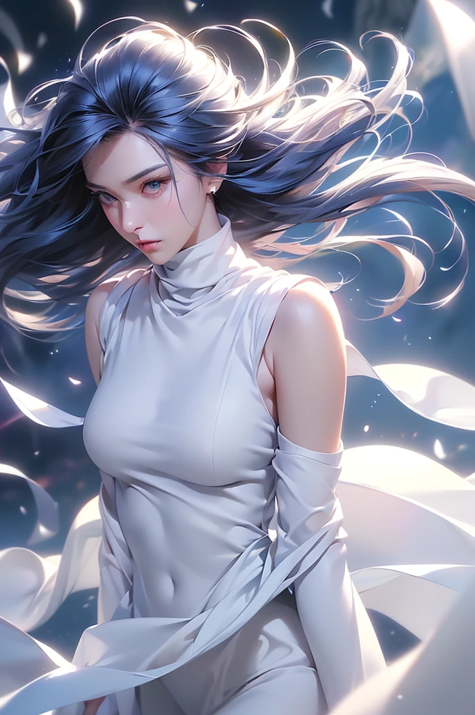 (Above the knees image)((masterpiece:1.5、8k、Portraiture、フォトリアリスティックでVery detailedなCG、Very detailed、Particle Effects、Dynamic Effects、Written boundary depth、Cinematic Light、Lens flare、Ray Tracing、Tabletop、Realistic:1.4、Ultra-high resolution:1.2、Realistic、Realistic))((alone、Turtleneck dress,No sleeve、Woman in white fur coat:1.4、Exposed sideways breast doll-like pose、Detailed face、bright表情、young, bright, Whiter skin、medium breasts:1.4、Best Looks、Ultimate beauty、Grey hair with shiny highlights:1.8、bright and shiny hair,、Arranged Hair、Hair dancing in the wind))(morning、In the background is a snowy hill overlooking the ruins...)
