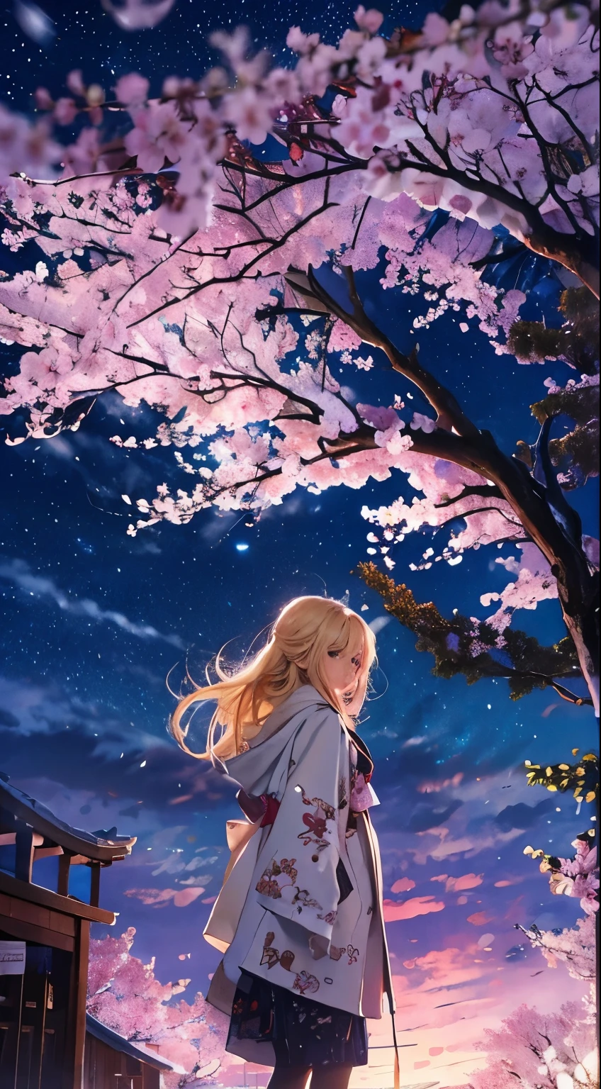 1people々,Blonde long hair,Long coat,silhouette, Rear View,Space Sky, milky way, Anime Style, cherry blossoms,夜cherry blossoms,辺り一面に舞うcherry blossoms吹雪,Night view of the city from the mountainside,