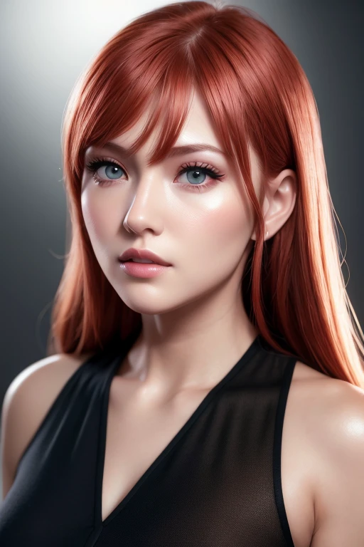 One girl, Star Eye, blush, Perfect lighting, Redhead, Red eyes, Unreal Engine, Side light, Detailed face, bangs, Light Skin, Simple Background, Night Background,