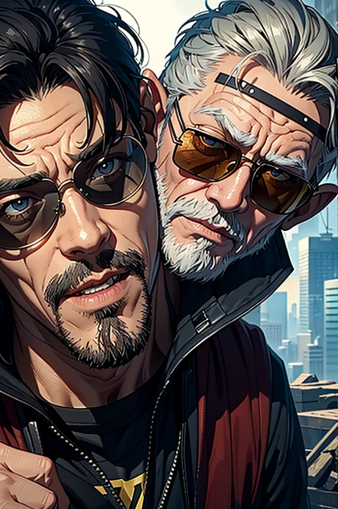 Close-up of a man wearing sunglasses, หน้าตาแบบ Joel Hicks, Epic Fantasy D & Good Hobbit Rogue, After the world ends explorer, Nicodemus, middle aged man, Old Cyberpunk Man, After the world ends, To D & letter D, john, wizard, wise, No hats., dirty man