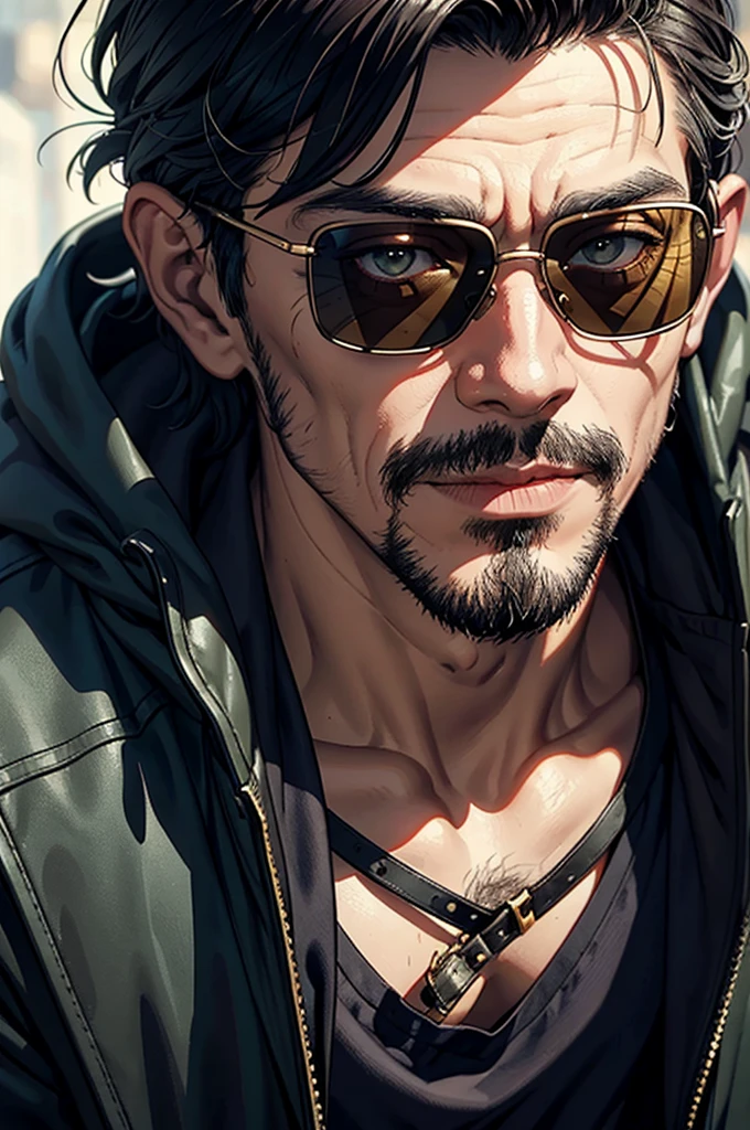 Close-up of a man wearing sunglasses, หน้าตาแบบ Joel Hicks, Epic Fantasy D & Good Hobbit Rogue, After the world ends explorer, Nicodemus, middle aged man, Old Cyberpunk Man, After the world ends, To D & letter D, john, wizard, wise, No hats., dirty man