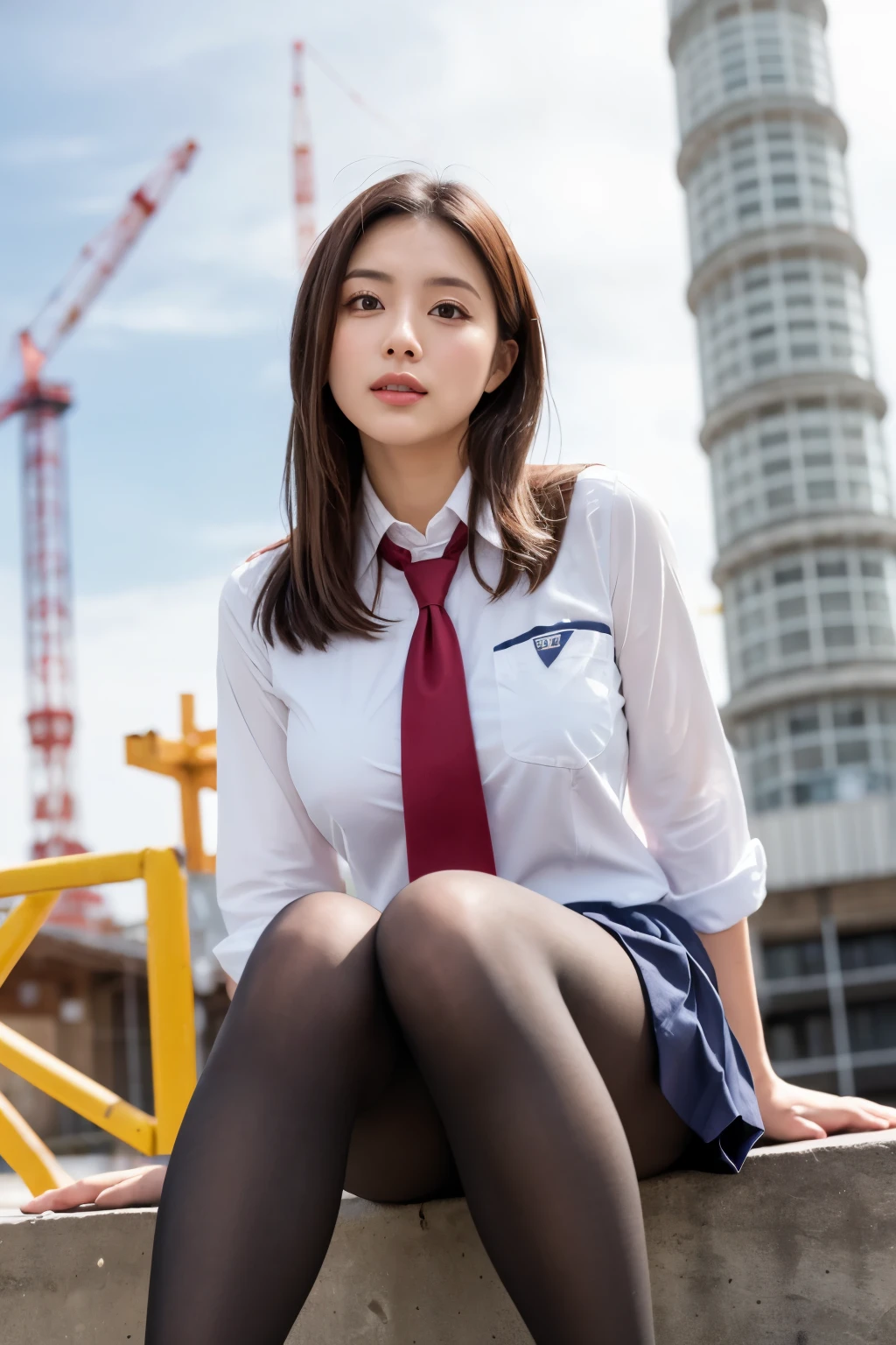 masterpiece, Bokeh, (Beautiful Face), (Detailed face), (Perfect hands), (Japanese Idols:1.6), (school uniform:1.3), (Ultra-realistic pantyhose:1.3), (Sit at the top of the tower:1.3),( Large bridge construction site:1.3), (Blushed:1.3), Working boots, (From below:1.5), Beautiful mature woman、