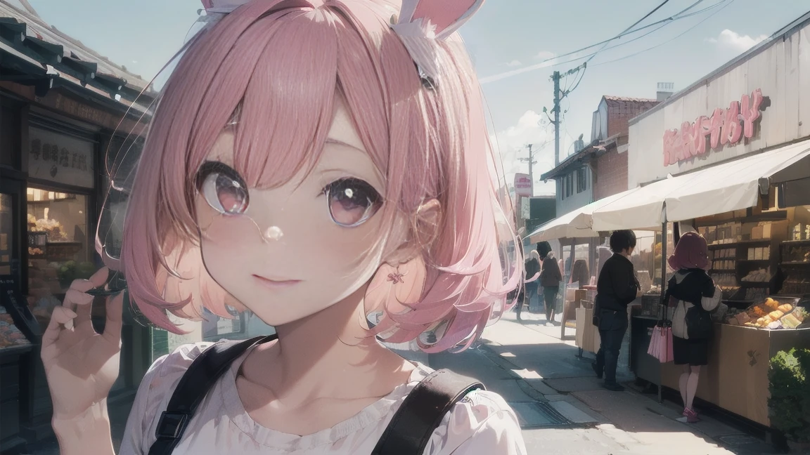 Highest quality, pretty girl, pastel colour, Fluffy bunny ears,Pink Hair,Pale pink eyes,shopping,Sunshine Pop