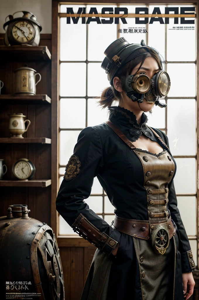 A full page of text, magazine, lines pointing to clothing and gasmask, detailed character from a Japanese steampunk movie, lots of details, graphs, traditional Japanese elements, gears, clockwork, steam-powered machinery, Victorian-inspired fashion with a Japanese twist
A full page of text, magazine, lines